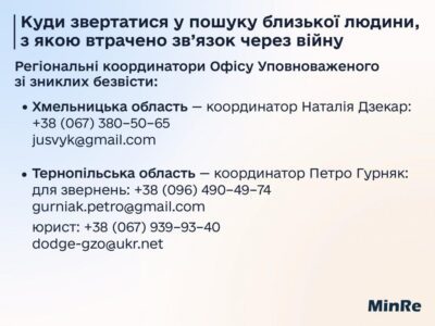 Розпочали роботу ще два регіональних Центри Уповноваженого зі зниклих безвісти